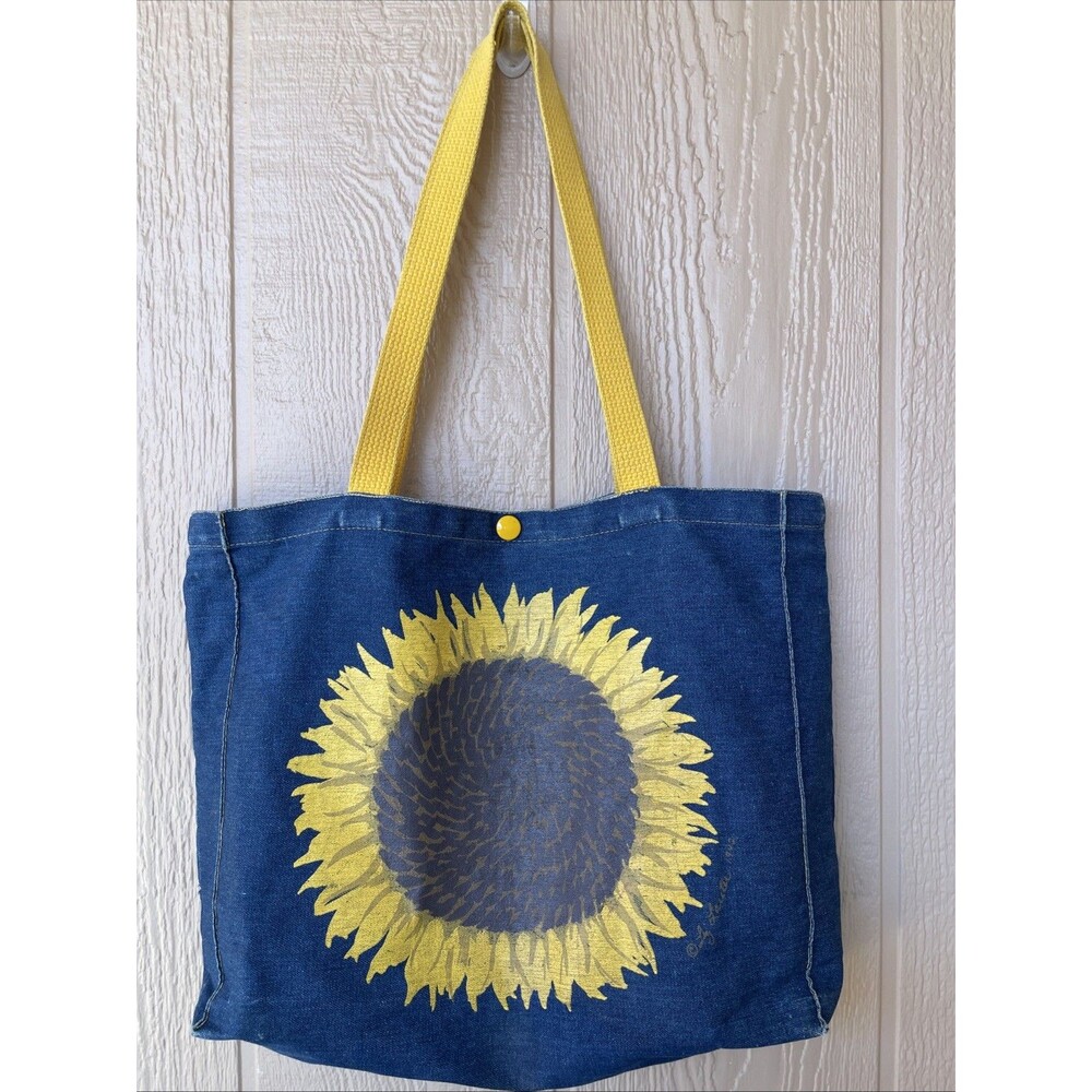 Vintage 1992 Liz Lauter Designs, Denim Tote Bag With Sunflower Hand Painted Y2K